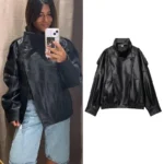 TFMLN Chic Black Faux Leather Jackets Women Long Sleeve Buttons Elastic Oversized Coats Fashion 2025 Autumn Winter Streetwear